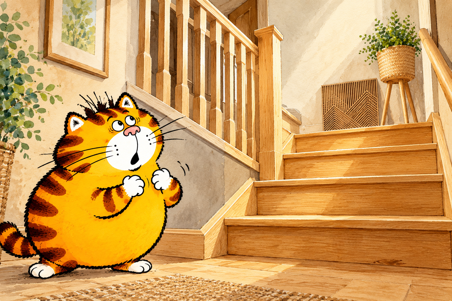 Illustration of an amazed orange cat admiring a beautiful oak staircase